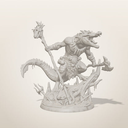 Croc Shaman miniature — front studio render of the unpainted sculpt, Late Night Miniatures