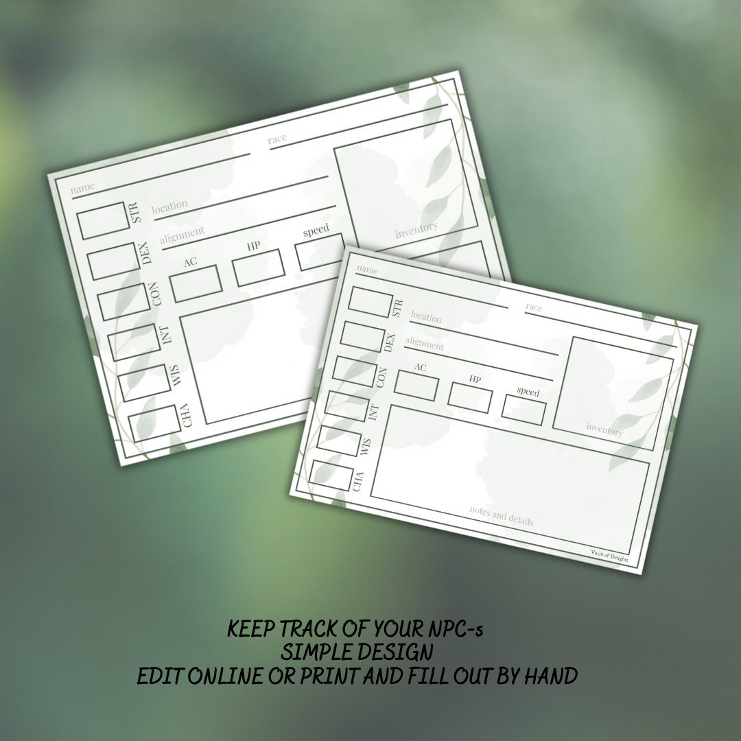 Fillable NPC Cards - printable tabletop RPG resource preview
