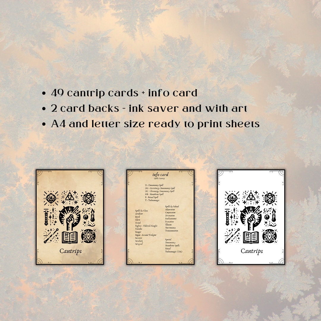 Cantrip Cards - printable tabletop RPG resource preview