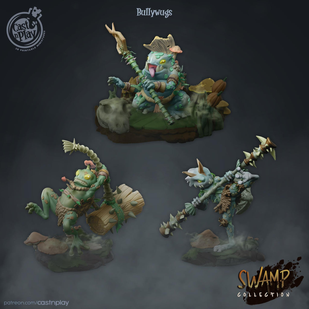 Grung, Frogfolk Monk, Sorcerer & Barbarian Miniature Set - resin tabletop miniature front view