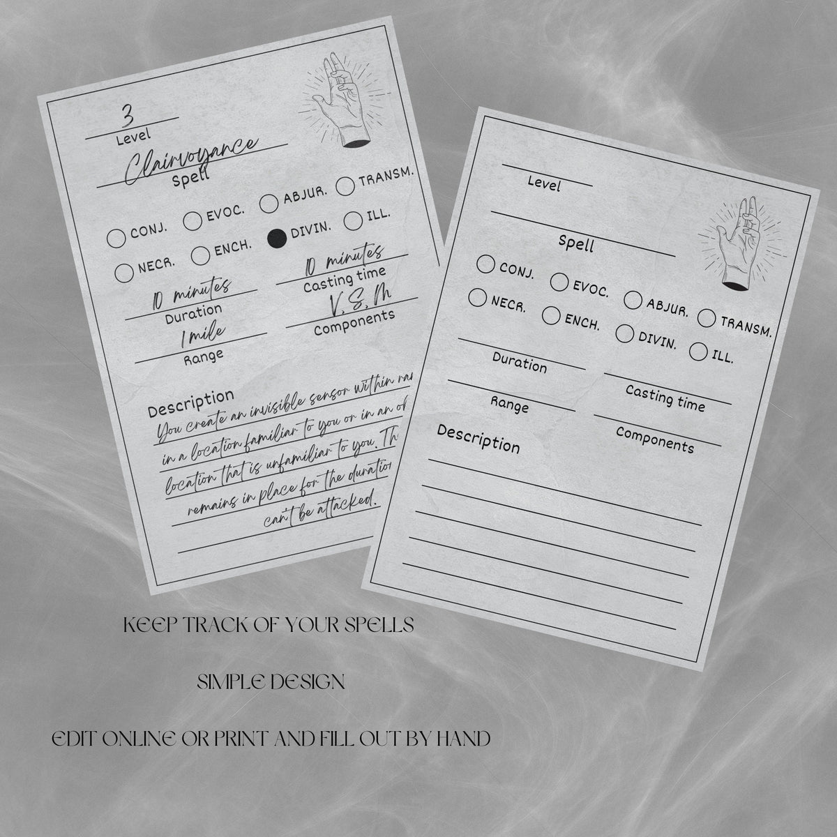 Fillable Spell Cards - printable tabletop RPG resource preview