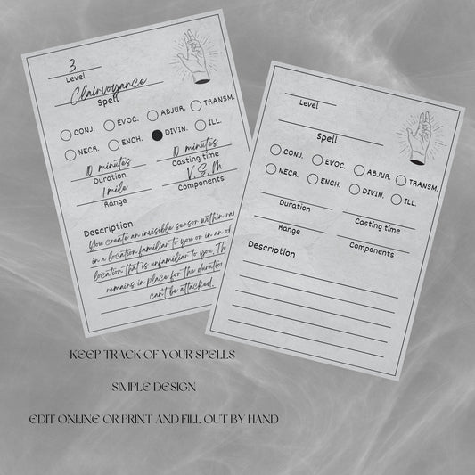 Fillable Spell Cards - printable tabletop RPG resource preview