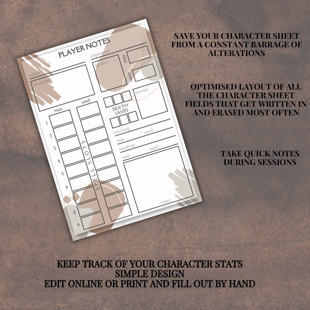 Player Notes Card - printable tabletop RPG resource preview