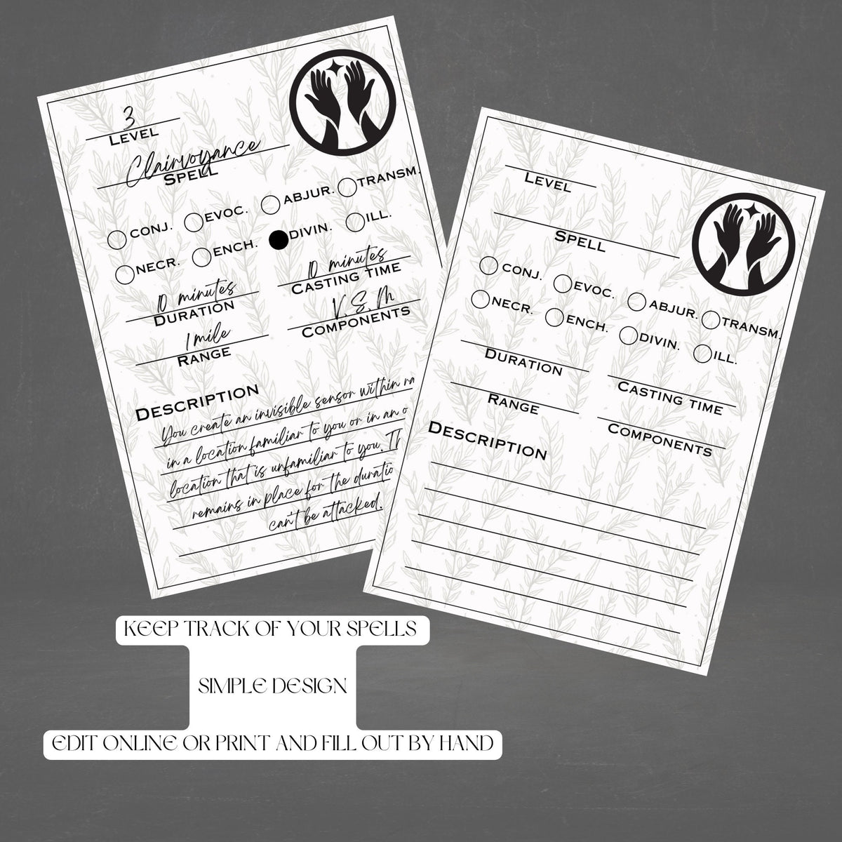 Fillable Spell Cards - printable tabletop RPG resource preview