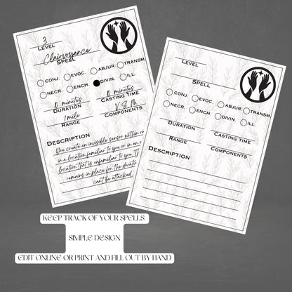 Fillable Spell Cards - printable tabletop RPG resource preview
