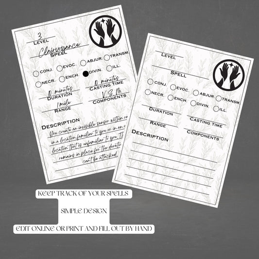 Fillable Spell Cards - printable tabletop RPG resource preview