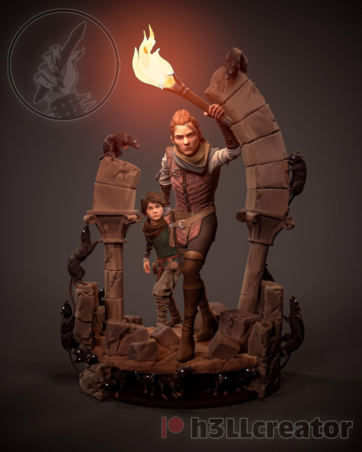 Amicia and Hugo A Plague Tale Figure - resin tabletop miniature alternate angle