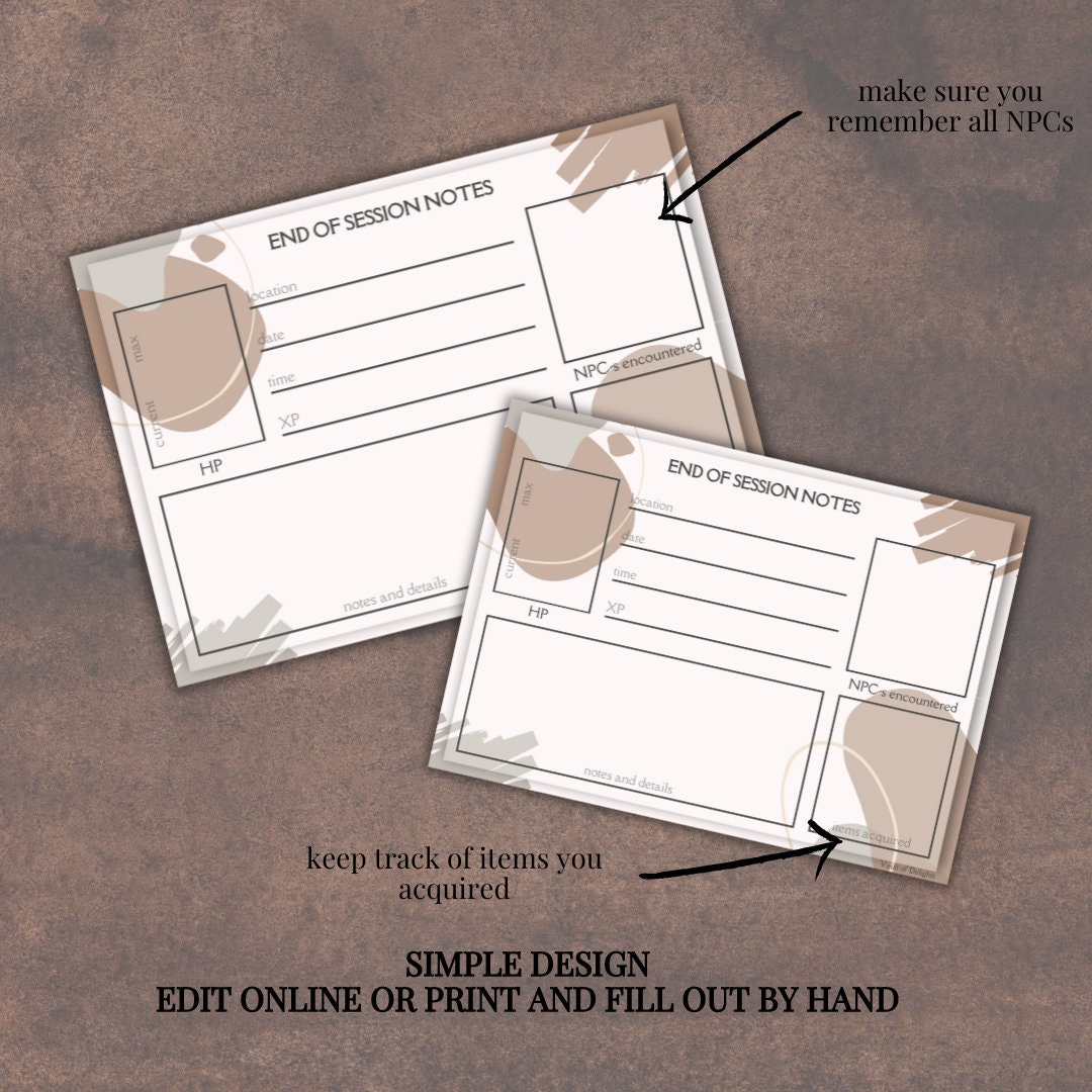End of Session Notes - printable tabletop RPG resource preview