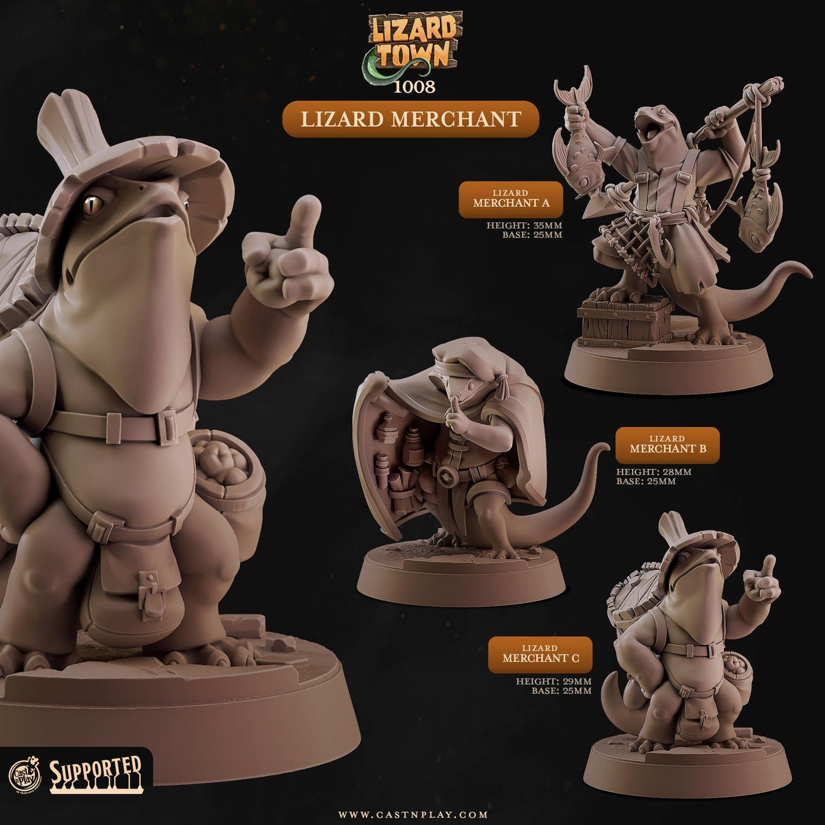 Lizardfolk Merchant Miniature - resin tabletop miniature front view