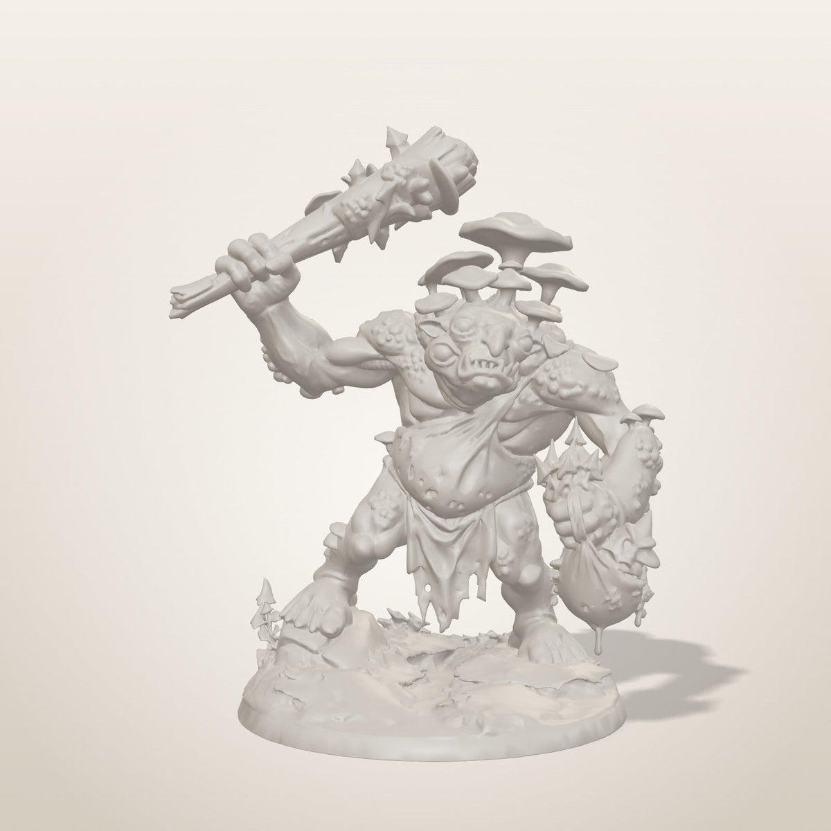 Fungal Troll miniature — front studio render of the unpainted sculpt, Late Night Miniatures