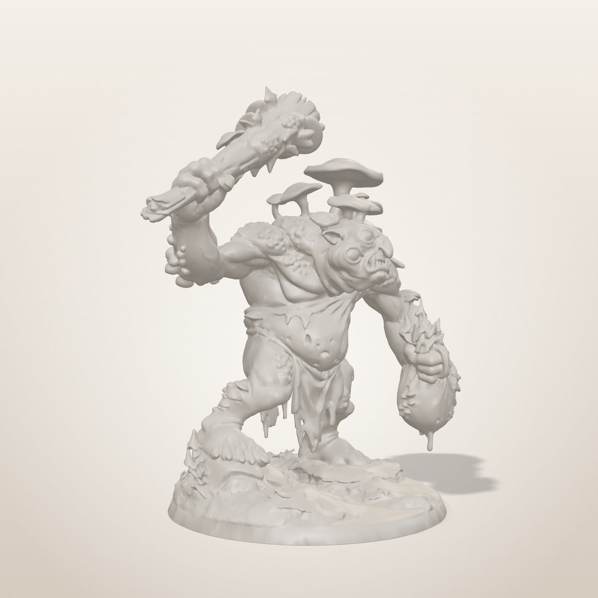Fungal Troll miniature — three-quarter studio render of the unpainted sculpt, Late Night Miniatures