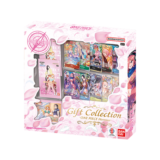 Official English One Piece Heroines Gift Collection GC-2026 retail package with booster packs, promo cards and sleeves