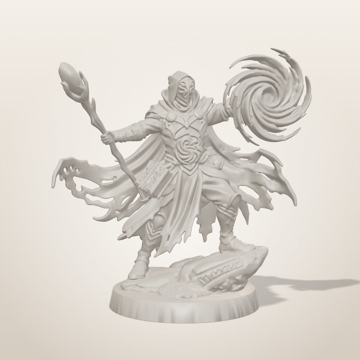 Portal Mage miniature — front studio render of the unpainted sculpt, Late Night Miniatures