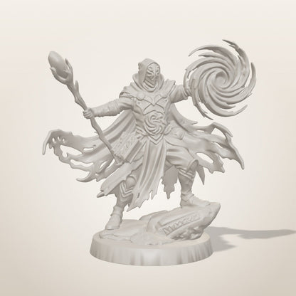 Portal Mage miniature — front studio render of the unpainted sculpt, Late Night Miniatures