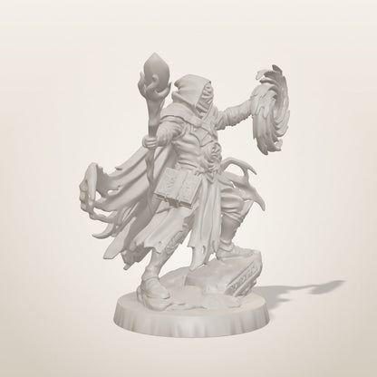 Portal Mage miniature — three-quarter studio render of the unpainted sculpt, Late Night Miniatures