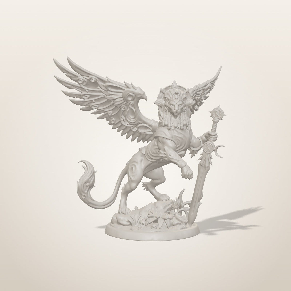 Sphinx miniature — front studio render of the unpainted sculpt, Late Night Miniatures