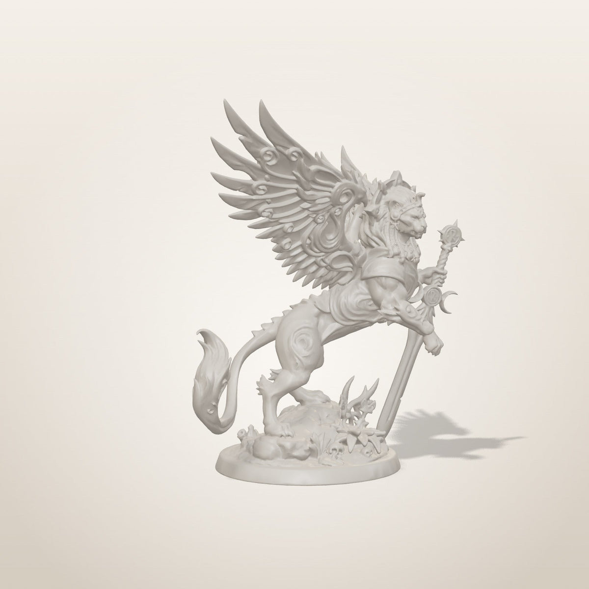 Sphinx miniature — three-quarter studio render of the unpainted sculpt, Late Night Miniatures