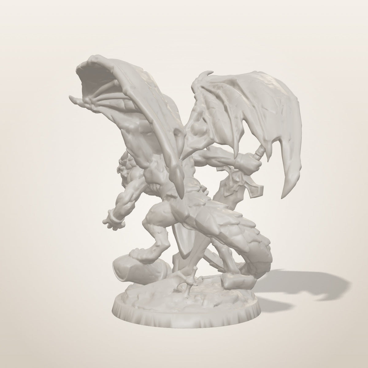 Stone Dragon miniature — rear studio render of the unpainted sculpt, Late Night Miniatures