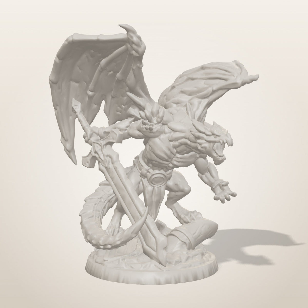 Stone Dragon miniature — front studio render of the unpainted sculpt, Late Night Miniatures